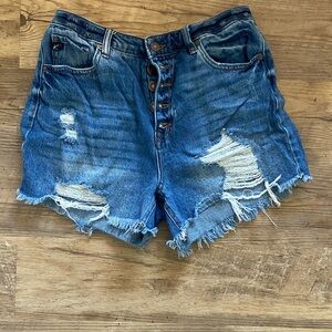 KanCan Distressed High-Waist Blue Denim Shorts